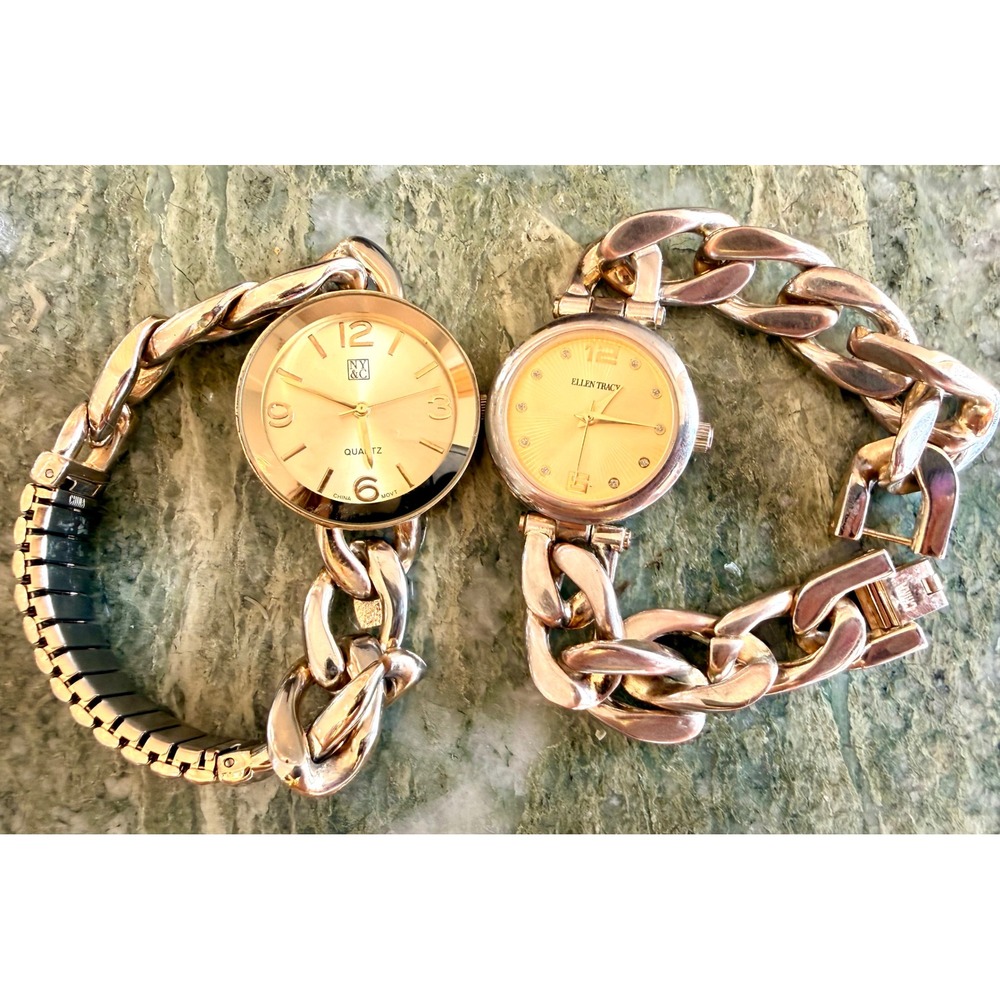 Gold Tone‎ Chain Link Quartz Watch Bracelet Bundle NY&C Ellen Tracy new battery